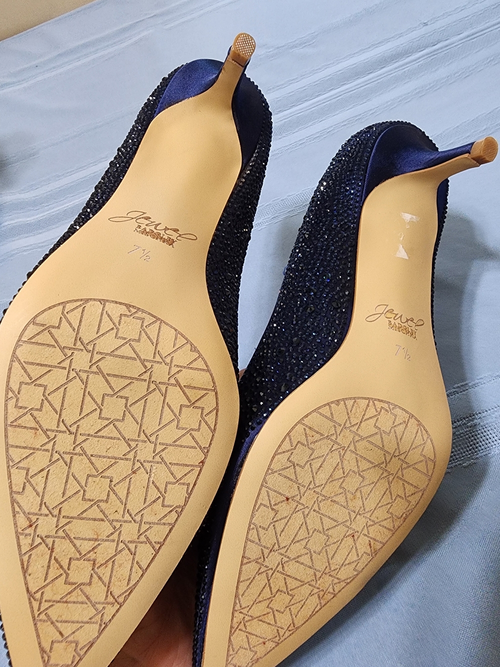 Badgley Mischka Navy Jeweled Pointed Toe Pumps - Picture 5 of 5